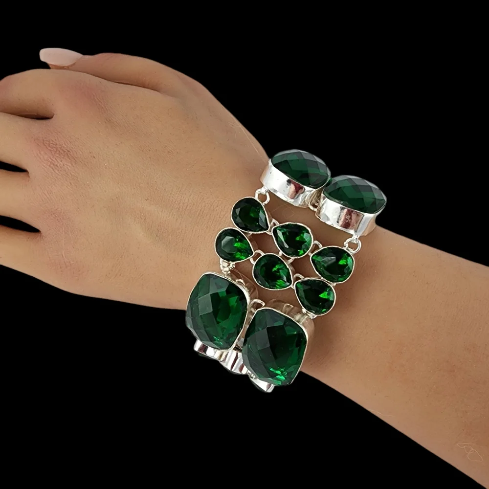 Green faceted glass silver bracelet chunky statement bracelet